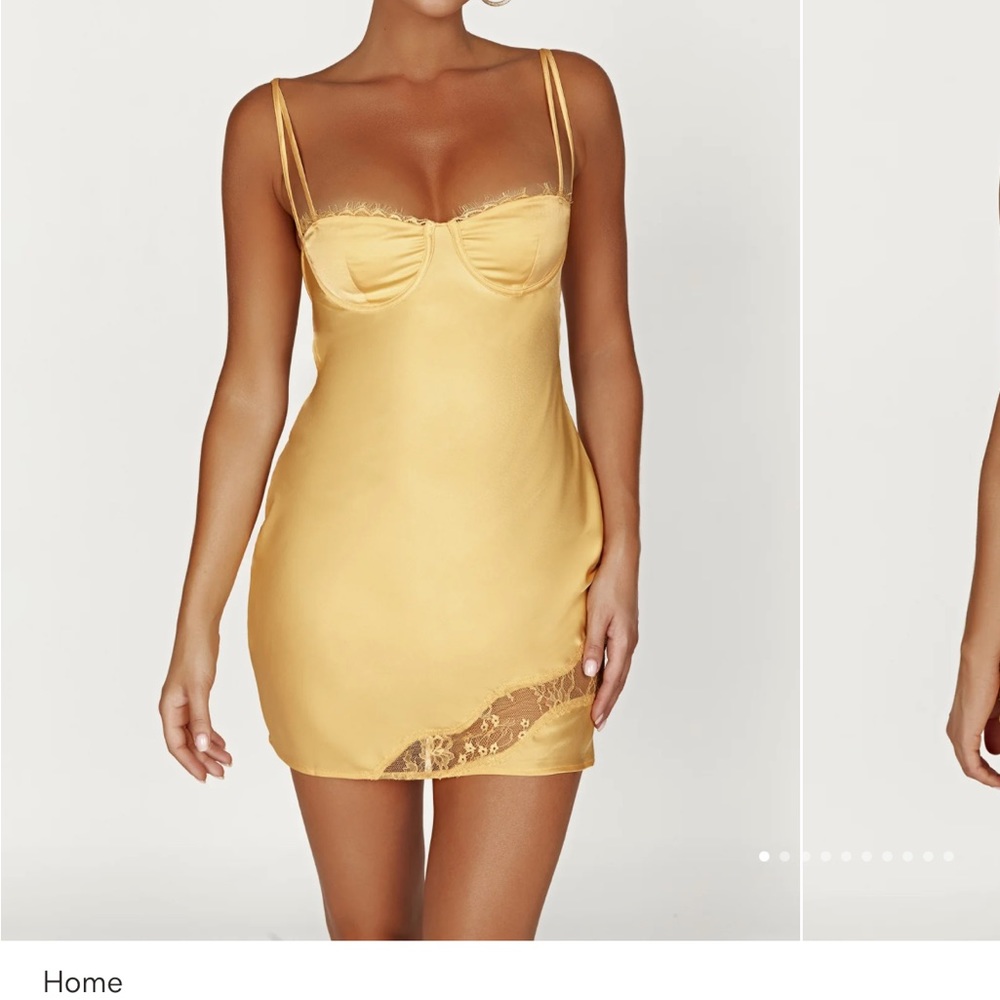 Meshki Joslyn Satin Lace Slip Mini Dress in Lemon